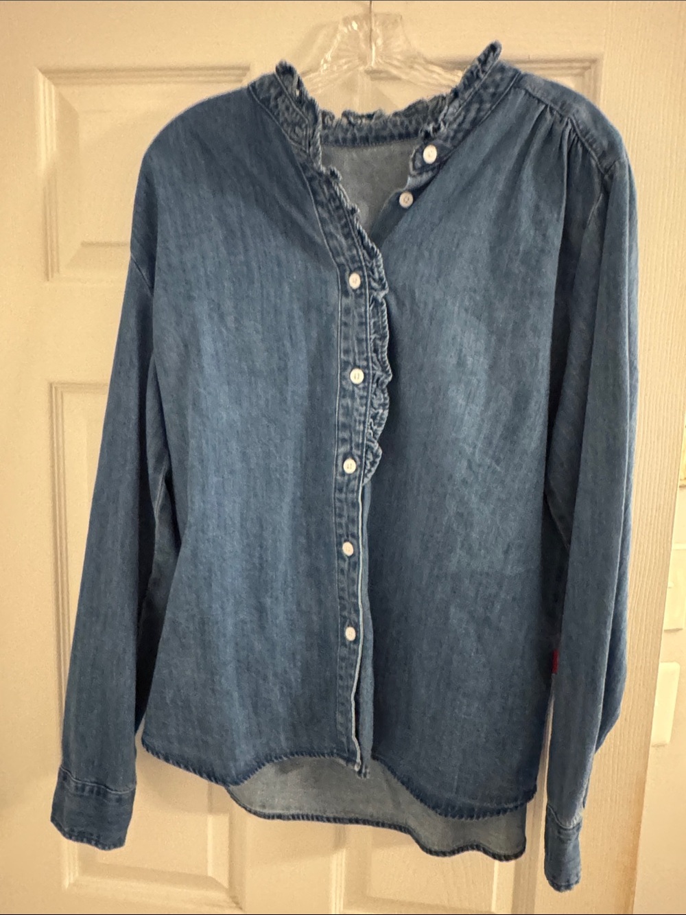 Ruffle-Trim Denim Button-Down Shirt — Blue